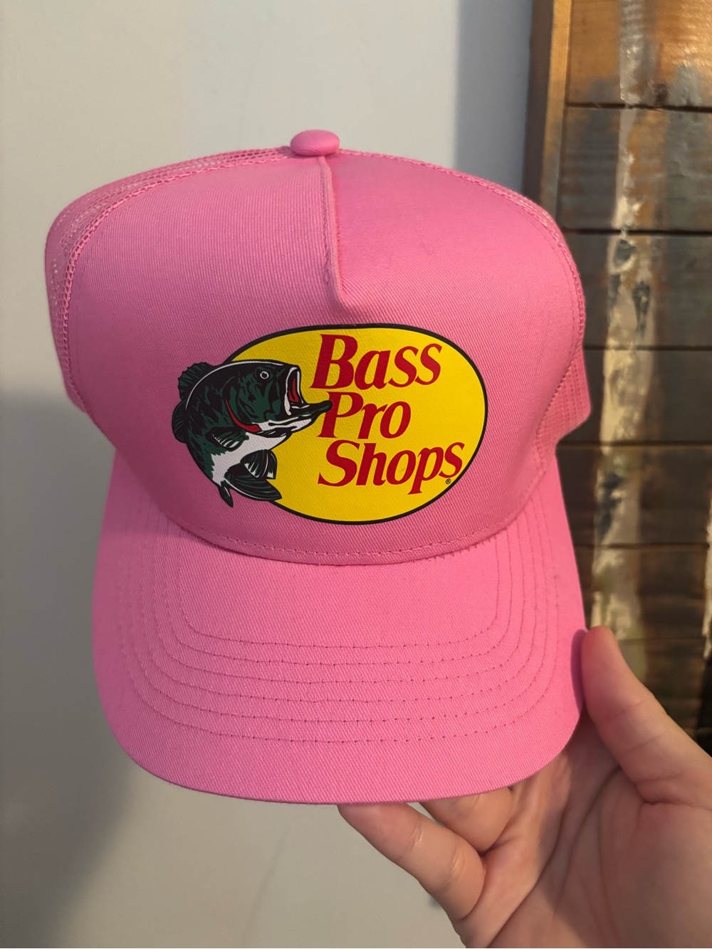 Bass Pro Shops Pink Mesh Trucker Hat with Yellow Logo Patch
